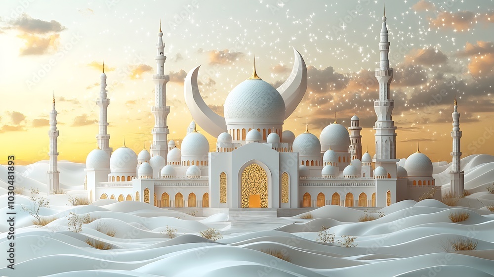 Poster 3d composition of crescent moon hanging over a modern mosque delicate star patterns in the sky creat
