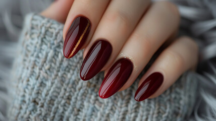 Burgundy manicure with negative space and Golden line on grey fluffy background
