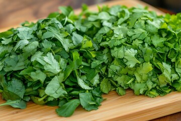 Freshly chopped cilantro leaves arranged neatly on a wooden cutting board, showcasing their vibrant green color and texture.