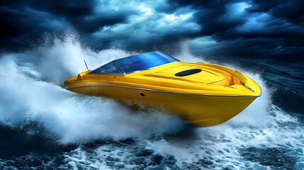 Speedboat Cutting Through Waves,Dramatic Cloudy Sky Above