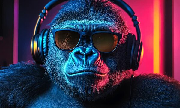 A gorilla wearing sunglasses and headphones with a neon light behind it.