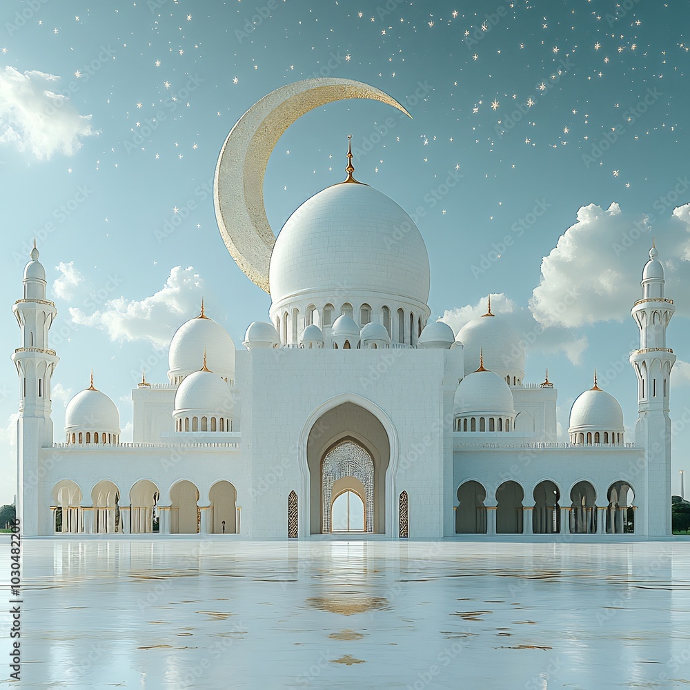 Poster 3d composition of crescent moon hanging over a modern mosque delicate star patterns in the sky creat