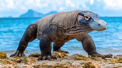 Obraz premium A large lizard-like creature on a beach near the ocean.