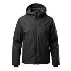 A stylish black jacket with a hood, designed for warmth and protection in cold weather, featuring a zip-up front and practical pockets.