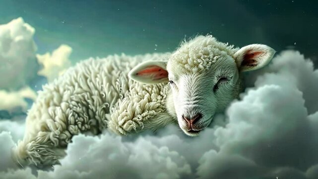 A fluffy white lamb sleeps peacefully on a cloud under a starry sky