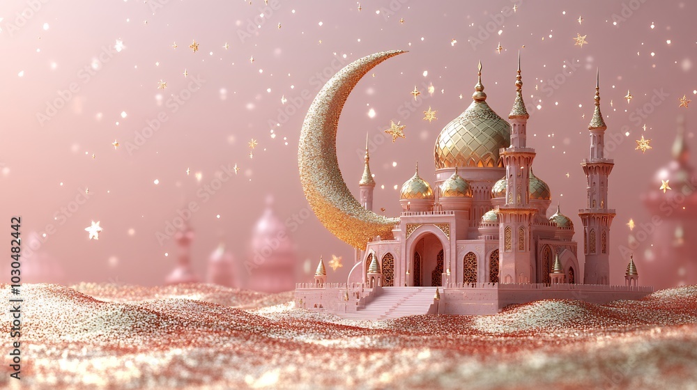 Poster 3d crescent moon mosque illustration for an eid mubarak card with sparkling stars and delicate arabe