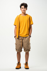 Naklejka premium A man in yellow color casual outfit standing in the studio with isolated background
