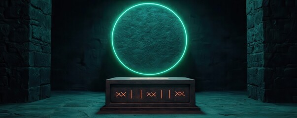 Obraz premium Cavernous dungeon room with an ancient stone altar, surrounded by glowing runes and magical energy, dungeon background, sacrificial chamber