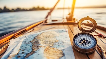 Close-up View of Nautical Compass and Map on a Boat with Gentle Waves