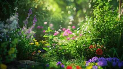 Obraz premium A vibrant herbal garden in full bloom, showcasing a variety of medicinal plants and flowers