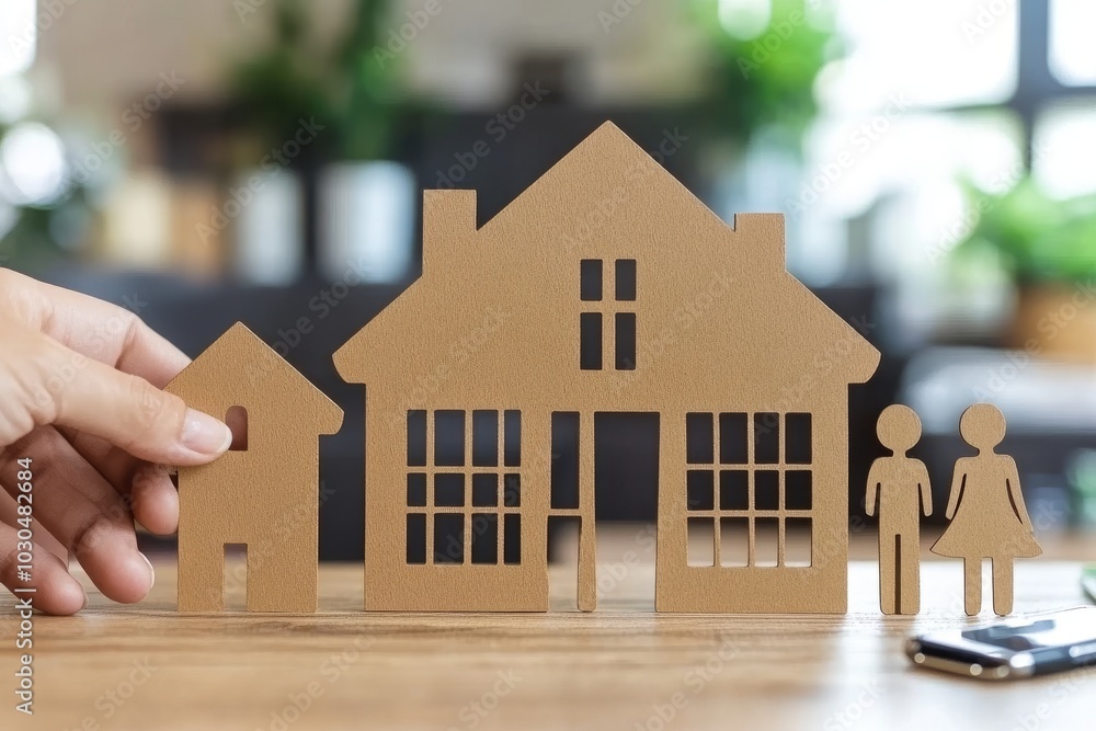 Poster Cutout family and house on a table symbolizing security home and protection in a simple minimalistic setting with soft lighting and clean geometric shapes