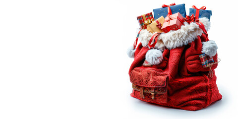 santa claus red bag with presents on white background with copy space