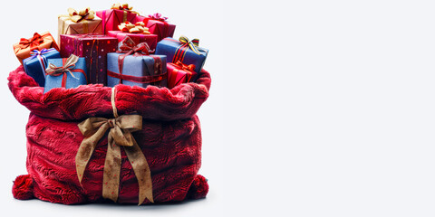 santa's bag  with gift on the white background with copy space