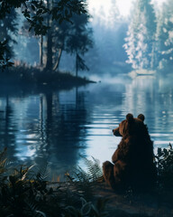 serene bear sitting quietly by tranquil lake, surrounded by lush greenery and misty trees. peaceful atmosphere evokes sense of calm and connection with nature