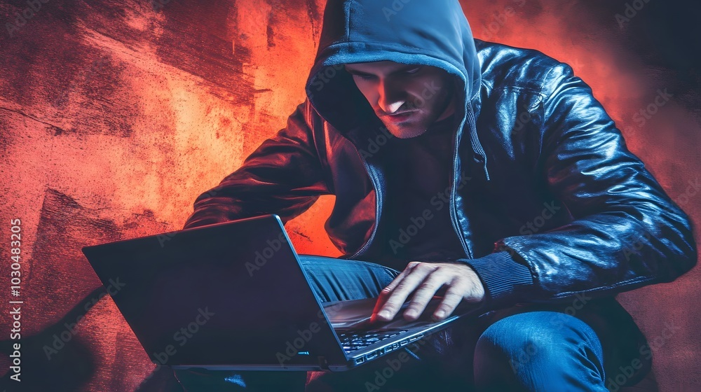 Aufkleber man in a hood using a laptop in a dimly lit room with a red background.