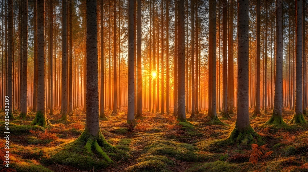 Poster tranquil forest sunset landscape with golden rays filtering through towering trees