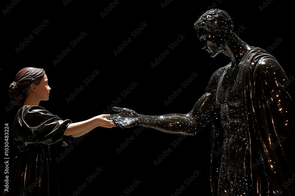 Poster man and woman touching hands symbolizing connection intimacy and understanding in a moody surrealist