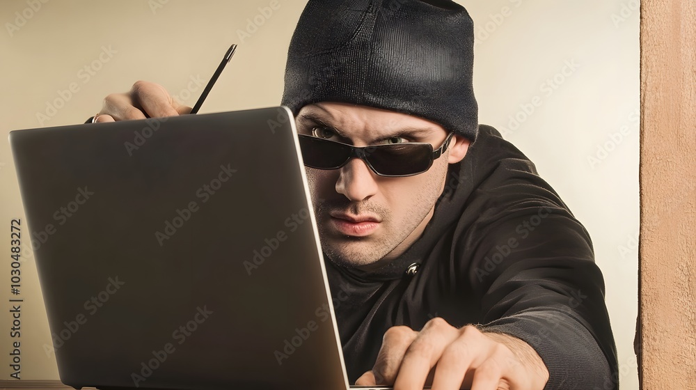 Poster man in black beanie using laptop with a focused expression.