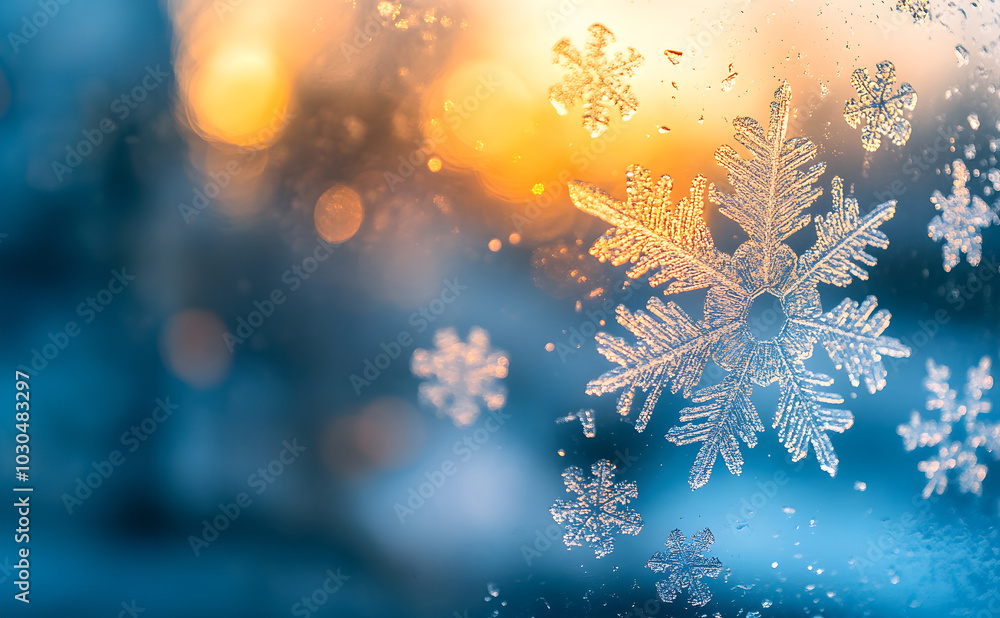 Aufkleber frosty window close-up featuring intricate snowflake at sunset glow. generative ai.