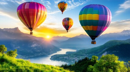 Obraz premium Hot Air Balloons Soaring Over Serene Sunset Valley Landscape
