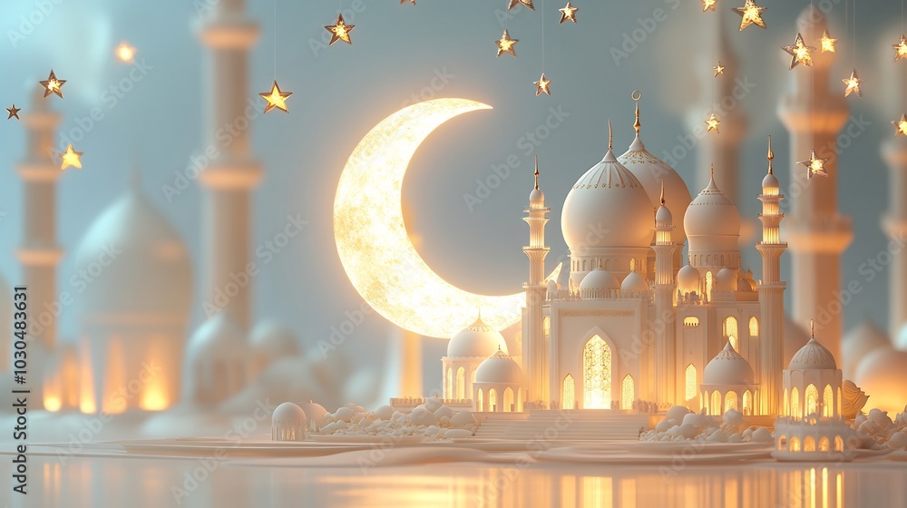 Poster 3d crescent moon mosque stars on a soft gradient ramadan kareem background with a blank space for pe