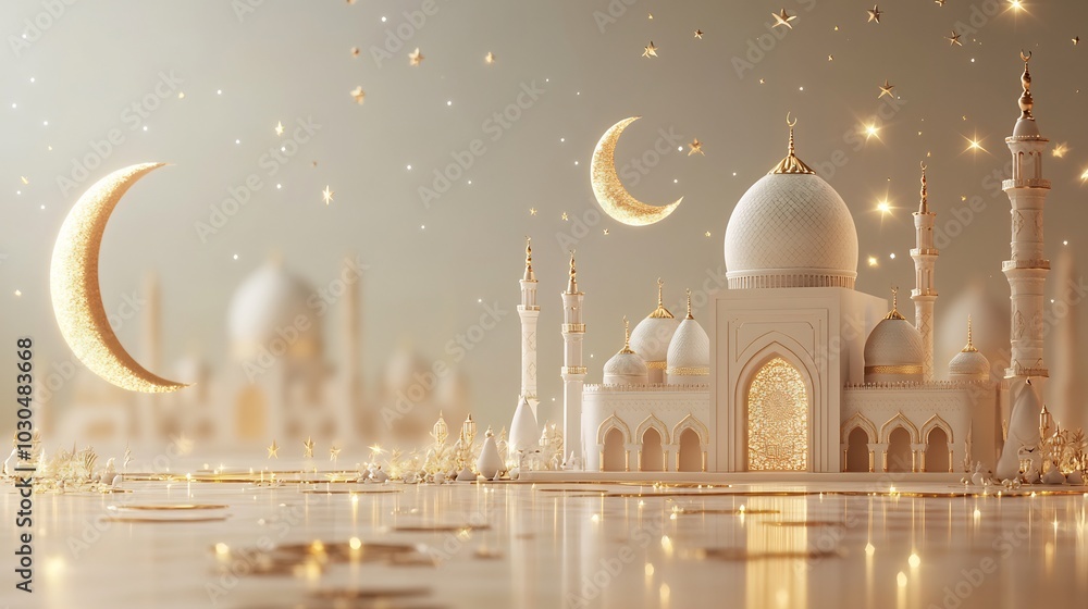 Poster 3d crescent moon mosque stars on a soft gradient ramadan kareem background with a blank space for pe