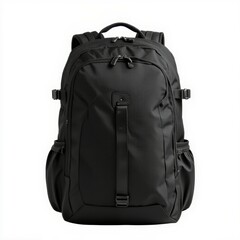 Naklejka premium A sleek, black backpack designed for urban and outdoor use, featuring multiple pockets and adjustable straps for convenience and comfort.
