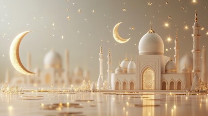 3d crescent moon mosque stars on a soft gradient Ramadan Kareem background with a blank space for personalized text all set in a clean and modern composition