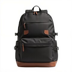 A sleek black backpack with brown accents, ideal for daily use or travel, featuring multiple compartments and a stylish design.