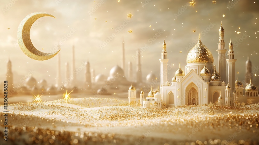 Aufkleber 3d crescent moon mosque stars on a soft gradient ramadan kareem background with a blank space for pe