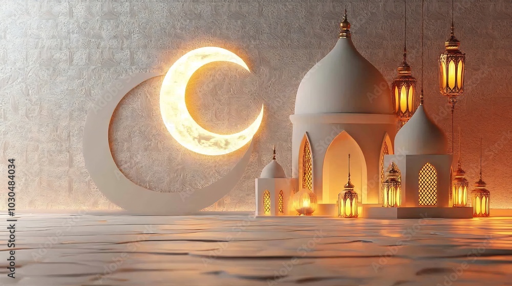 Poster 3d design ramadan kareem with a crescent moon traditional mosque dome and glowing lanterns set again