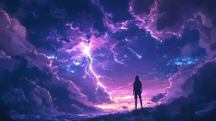 Obraz premium Silhouette of a Man Standing in Front of a Purple and Blue Stormy Sky