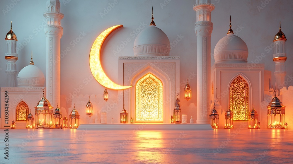 Poster 3d design ramadan kareem with a crescent moon traditional mosque dome and glowing lanterns set again