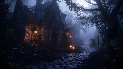 Mystical Stone Cottage in Foggy Forest at Night