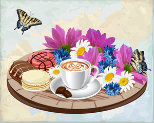 Illustration with flowers and a cup.Vector illustration with a cup of coffee and flowers on a wooden stand.
