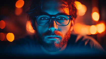 Focused software developer  man working with artificial intelligence and technology. 