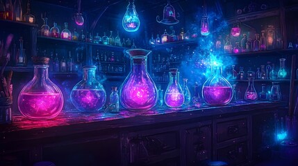 Magical Potion Lab with Glowing Bottles and Jars