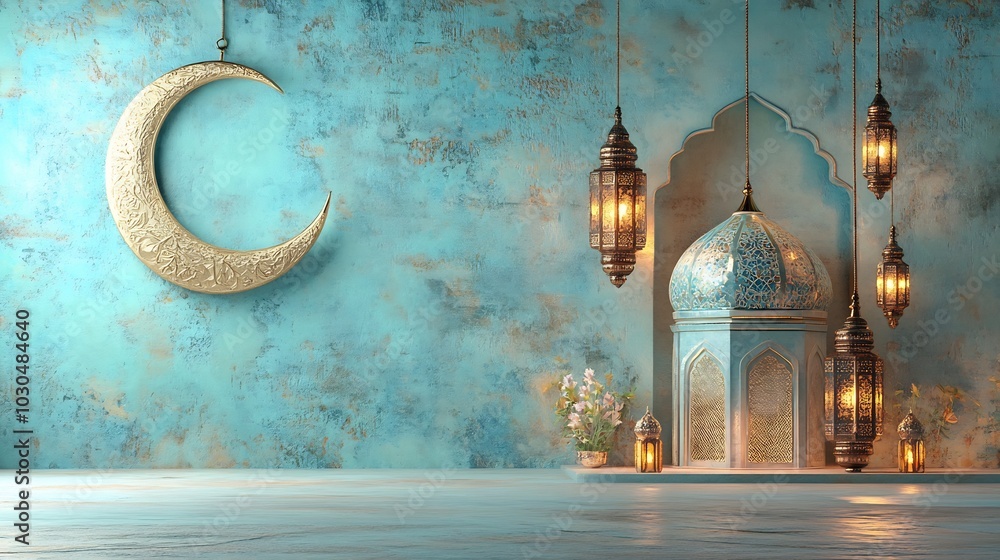 Poster 3d design ramadan kareem with a crescent moon traditional mosque dome and glowing lanterns set again