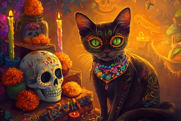 Day of the Dead Cat with Sugar Skull and Marigolds