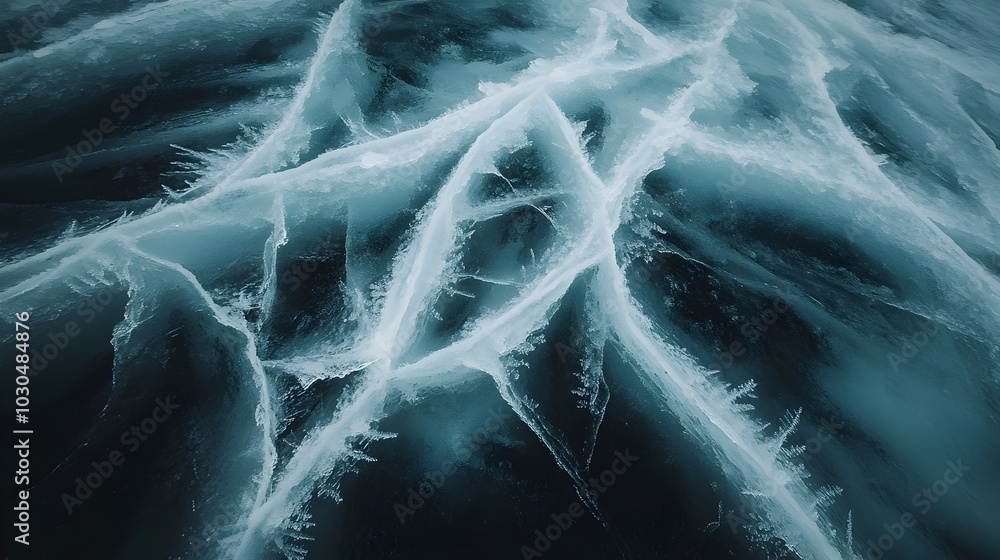 Poster frozen fractured ice texture in deep blue tones with sharp white fractures