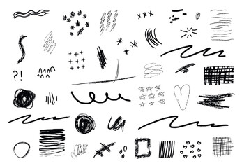 Black  lines shape marker underline, arrow, brush elements set. Hand drawn sketch marker underline shape, scribble brush pen stroke element. graphic icons. Childish doodle naive vector illustration