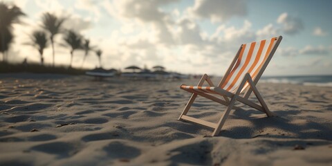 A striped beach chair sits empty on the sand, inviting you to relax and enjoy the summer sun.