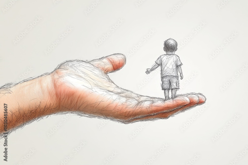 Poster Hand holding a small figure symbolizing protection vulnerability and care in a minimalistic grayscale setting with clean lines and soft textures