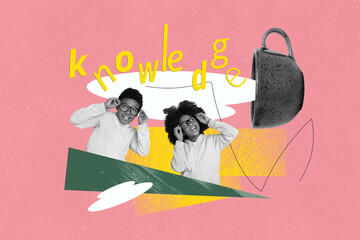 Creative collage picture young schoolkids siblings knowledge education coffee tea cup drink pour september academic year