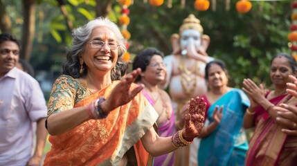 Fototapeta premium Senior woman joyfully celebrating with family during Pancha Ganapati celebration outdoors.