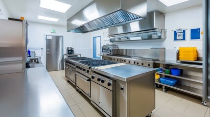 Modern commercial kitchen featuring stainless steel appliances and organized workspace for food preparation.
