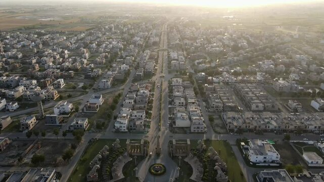 Drone view flying over the modern residential housing society in Pakistan