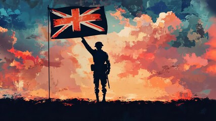 A soldier stands proudly, saluting the British flag against a dramatic sunset sky - Powered by Adobe