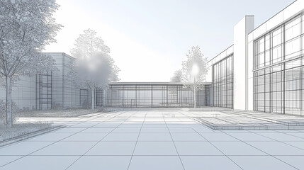 Fototapeta premium Wireframe rendering of a building in 3D. Done view hard landscaping, new luxury stone patio and garden of English home. Idea for an abstract construction graphic