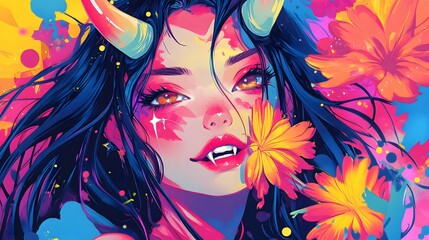 Naklejka premium Anime Demon Girl with Horns and Flowers in Colorful Abstract Background